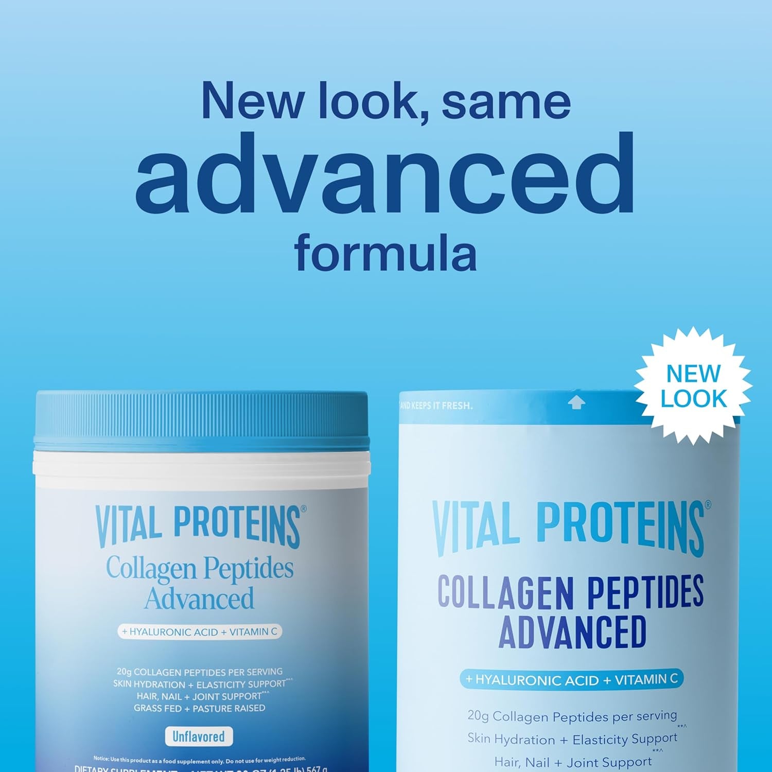 Collagen Peptides Powder Advanced with Hyaluronic Acid & Vitamin C, 20Oz Collagen Protein, Unflavored, 27 Servings
